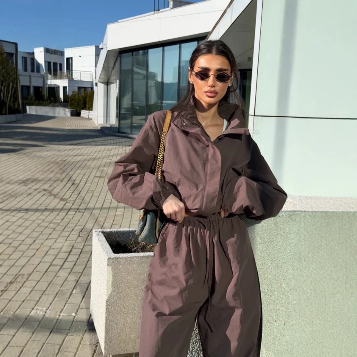 Women's Casual Tracksuit Set with Stand Collar Zip Cardigan and Wide-Leg Pants