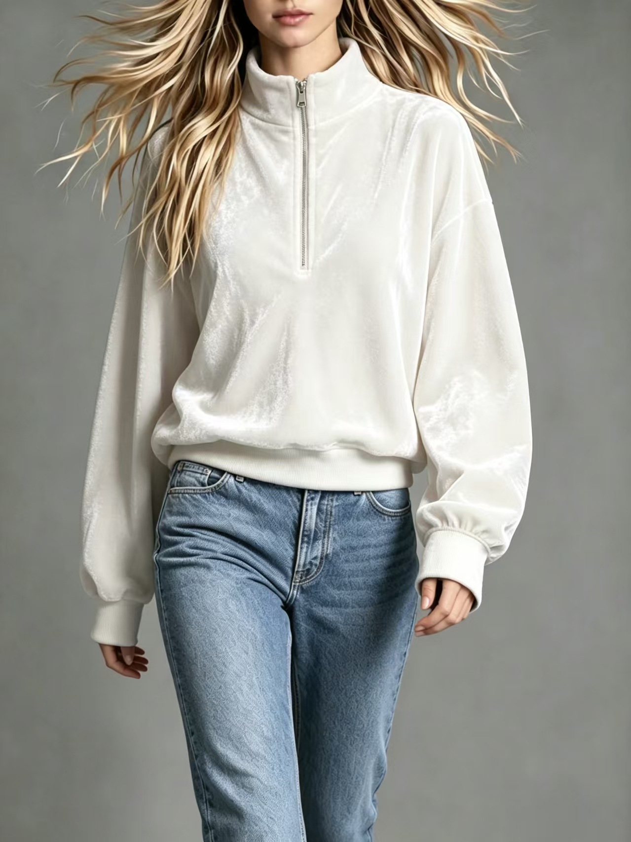 Women's Velvet Zip-Up Stand Collar Loose Long Sleeve Solid Color Casual Sweatshirt