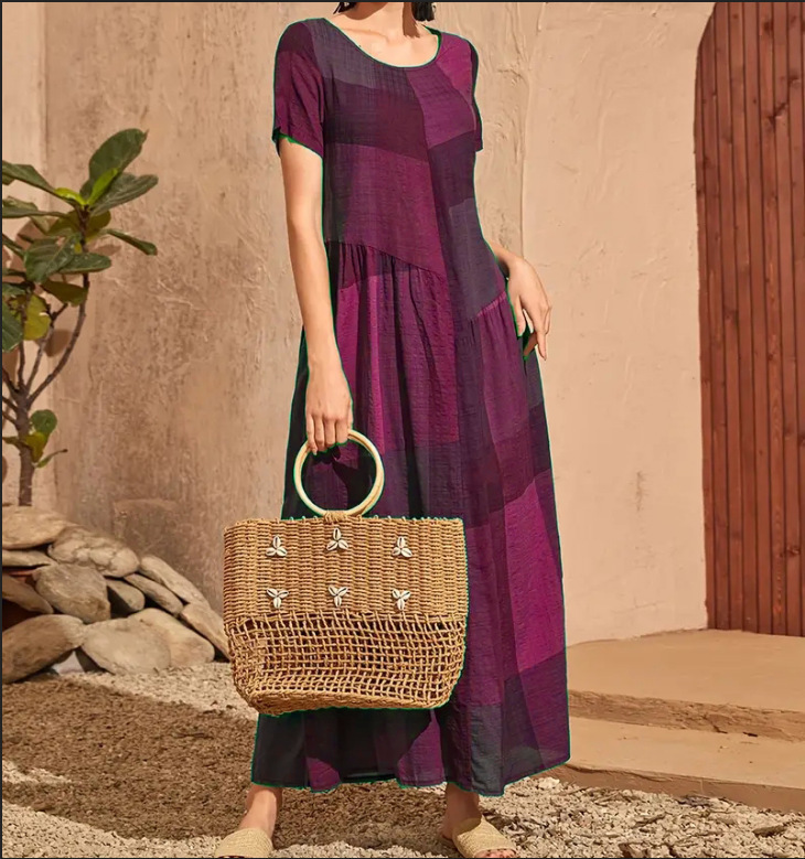 Retro Plaid Print Patchwork Loose Waist Long Dress