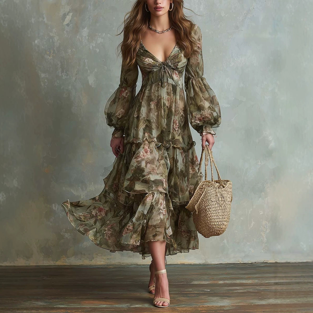 Vintage Green Floral Print Deep V-Neck Drawstring Bubble Sleeve Tiered Maxi Dress