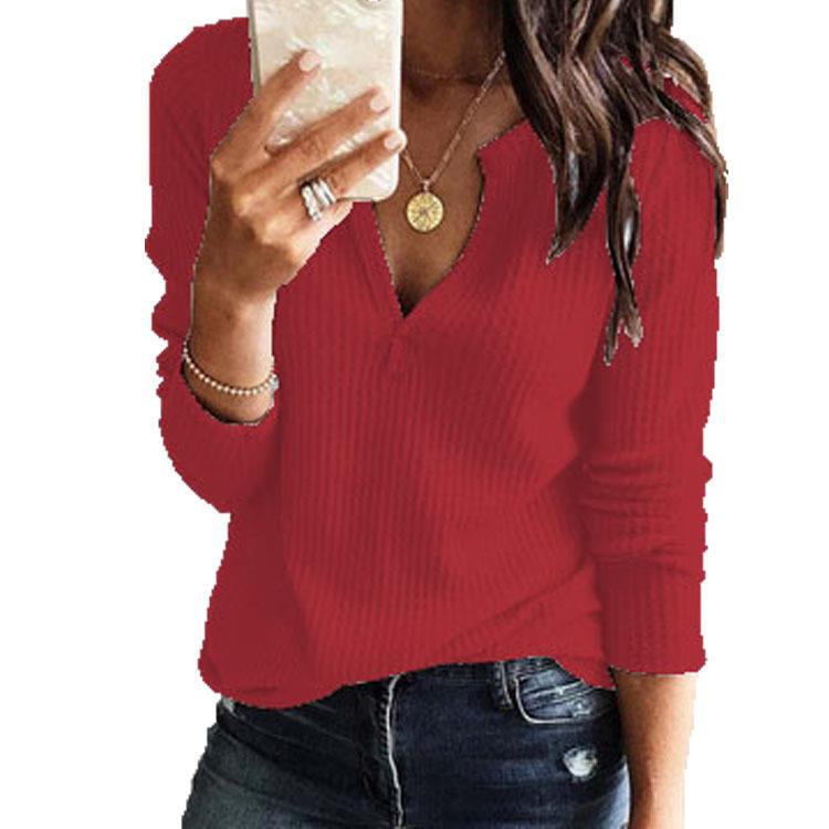 Women's Waffle Knit V-Neck Long Sleeve Top