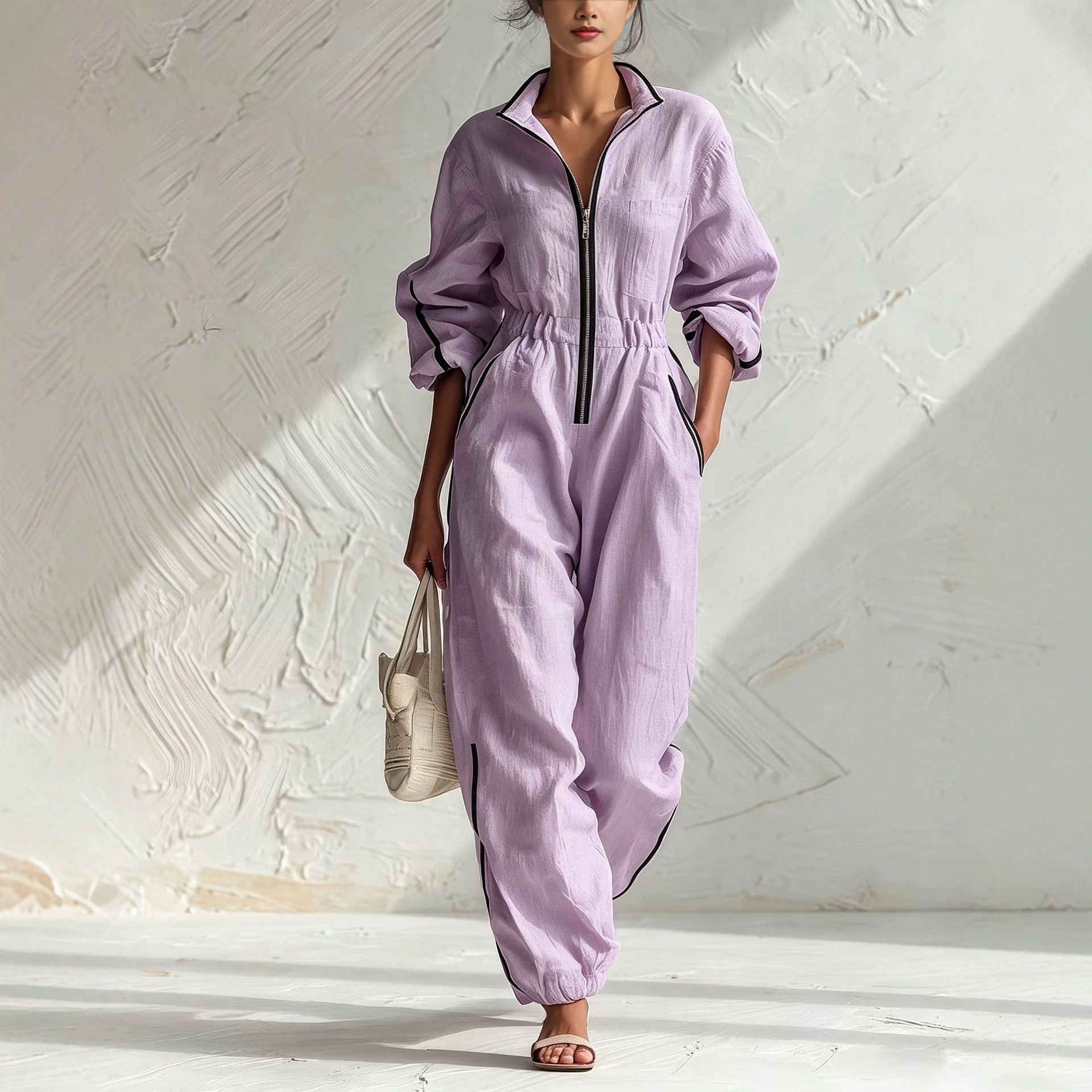 Women's Linen-Blend Zip-Front Jumpsuit with Contrast Trim and Elastic Waist