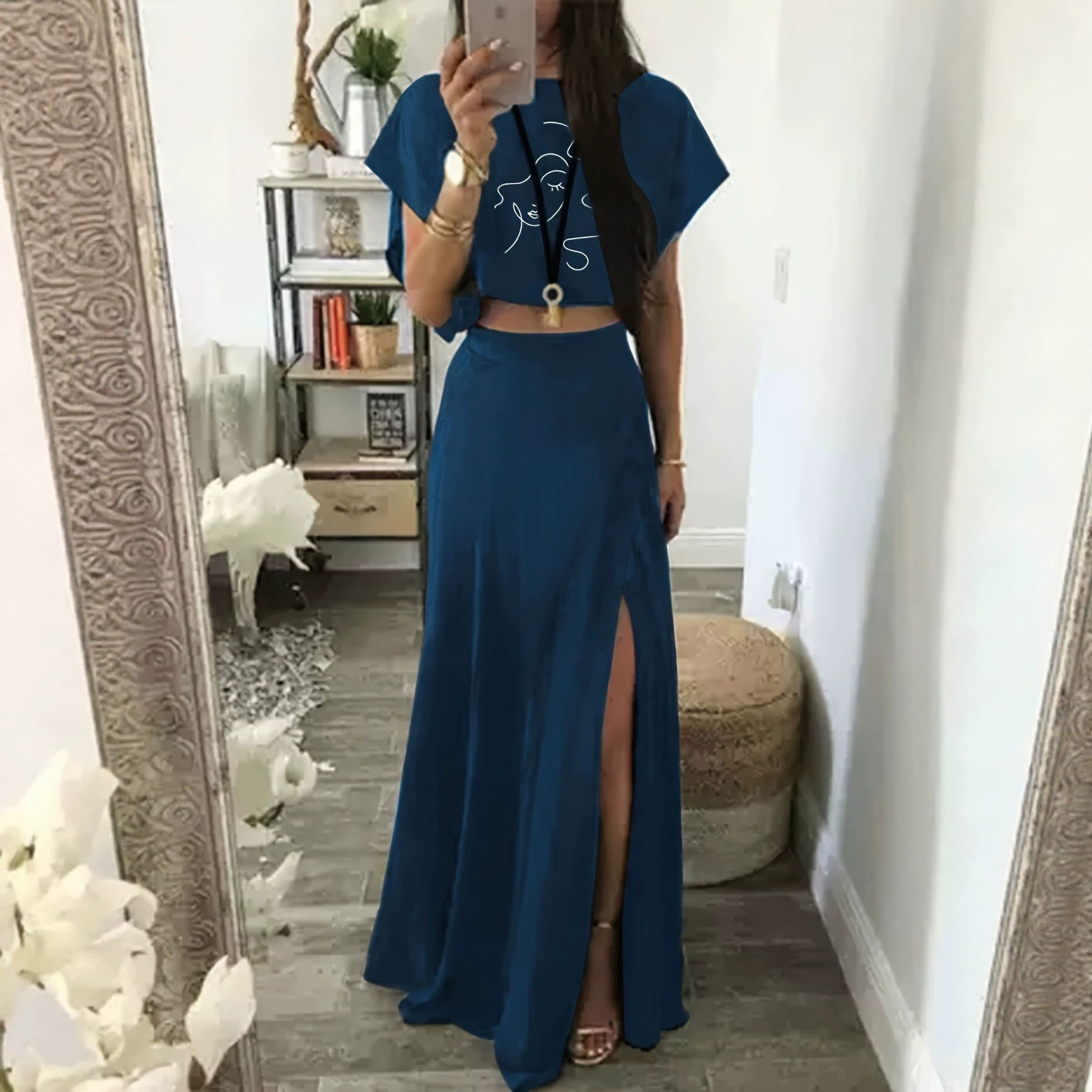 Women's Soft Casual Split Two-Piece Top and Midi Skirt Set