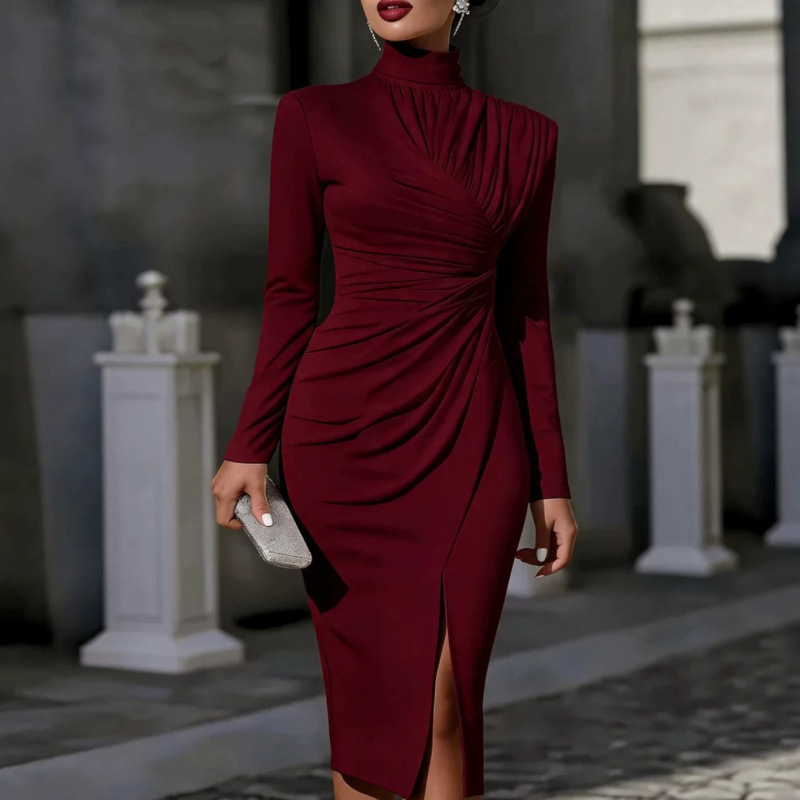 High Neck Ruched Long Sleeve Bodycon Midi Dress with Slit