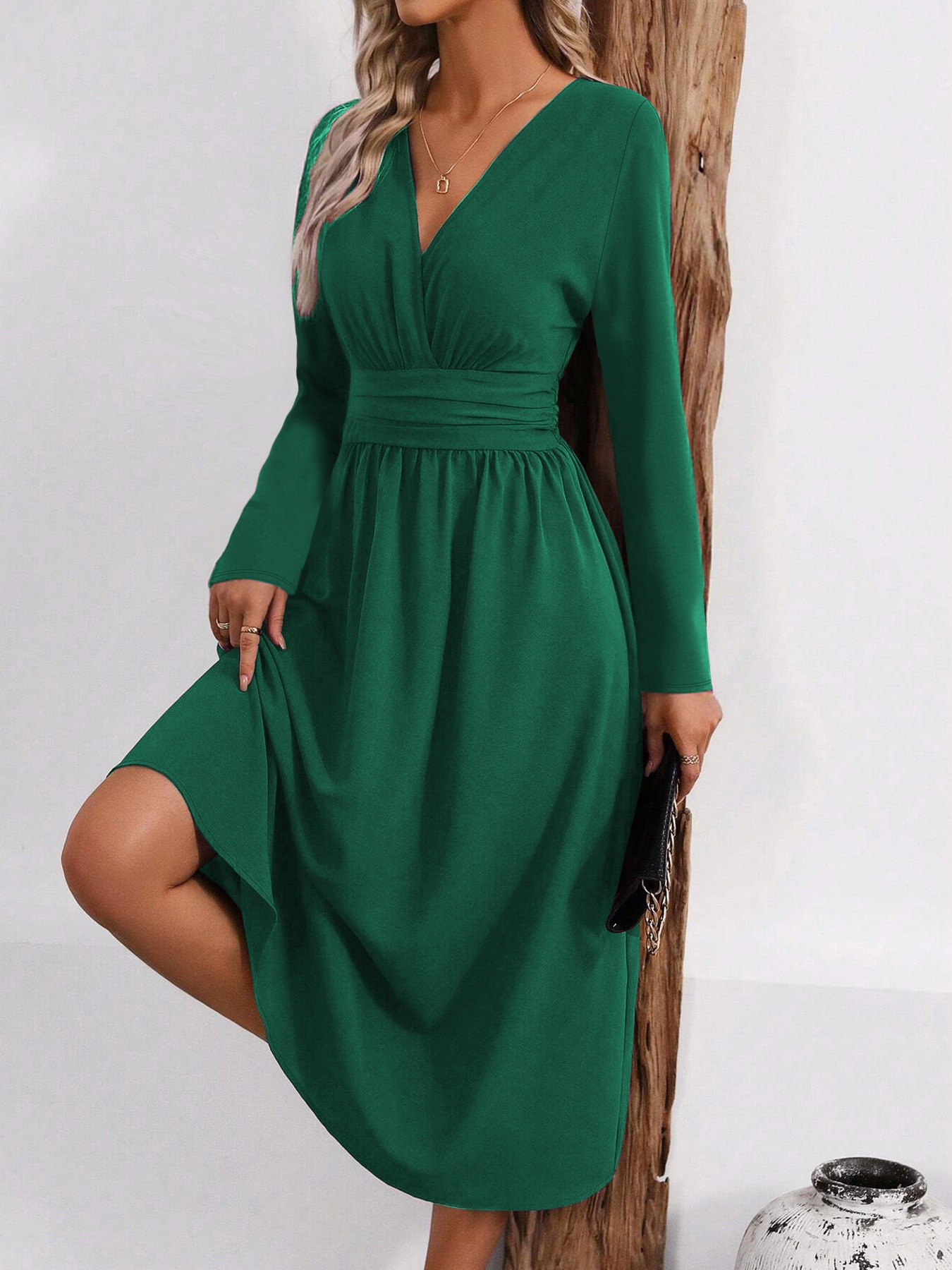 Women's Solid Overlap V-Neck Long Sleeve Ruched Waist Long Dress
