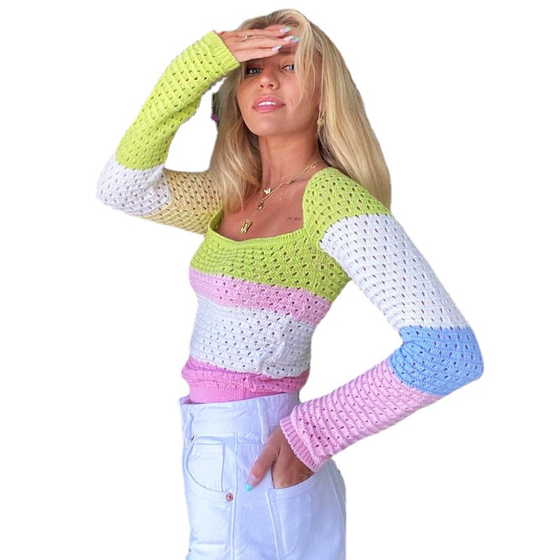 Women's Colorblock Open-Knit Long-Sleeve Top