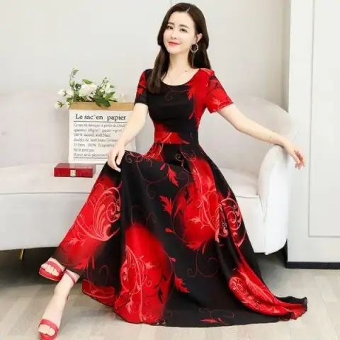 Women's Short Sleeve Round Neck Floral Print A-Line Midi Dress with Waist