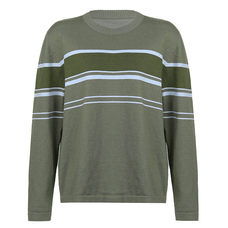 Women's American Retro Preppy Color-Block Striped Long-Sleeve Crewneck Knit Top