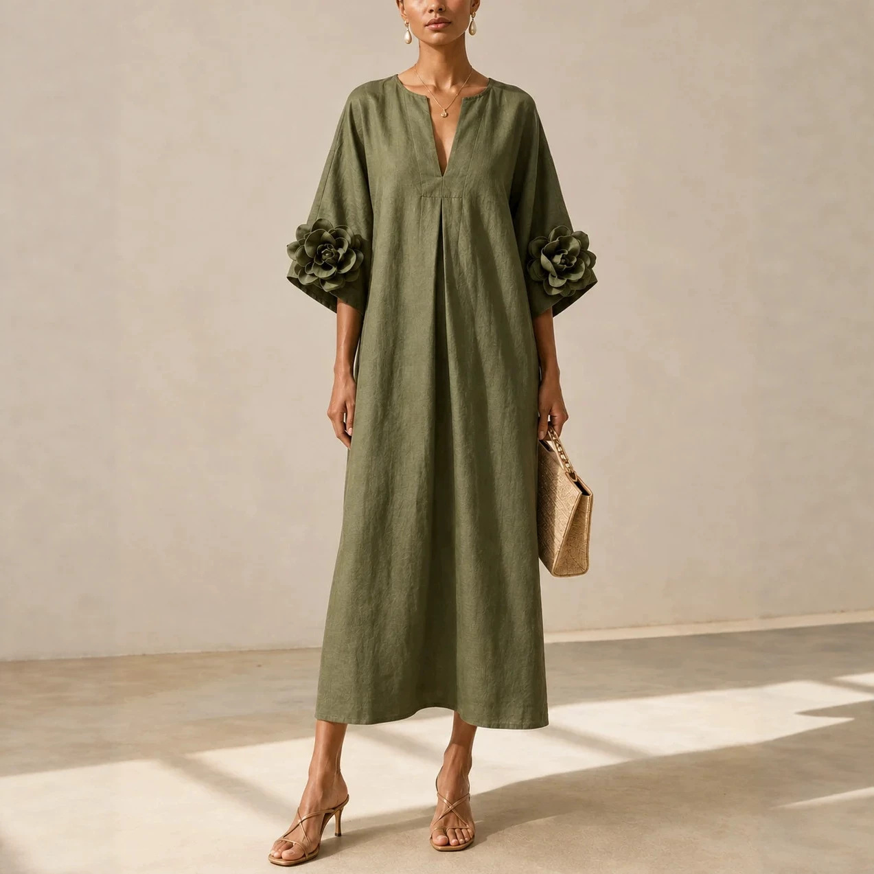 V-Neck Floral Midi Dress with Flared Sleeves