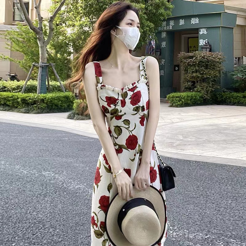 Rose Print Midi Slip Dress Square Neck A-Line