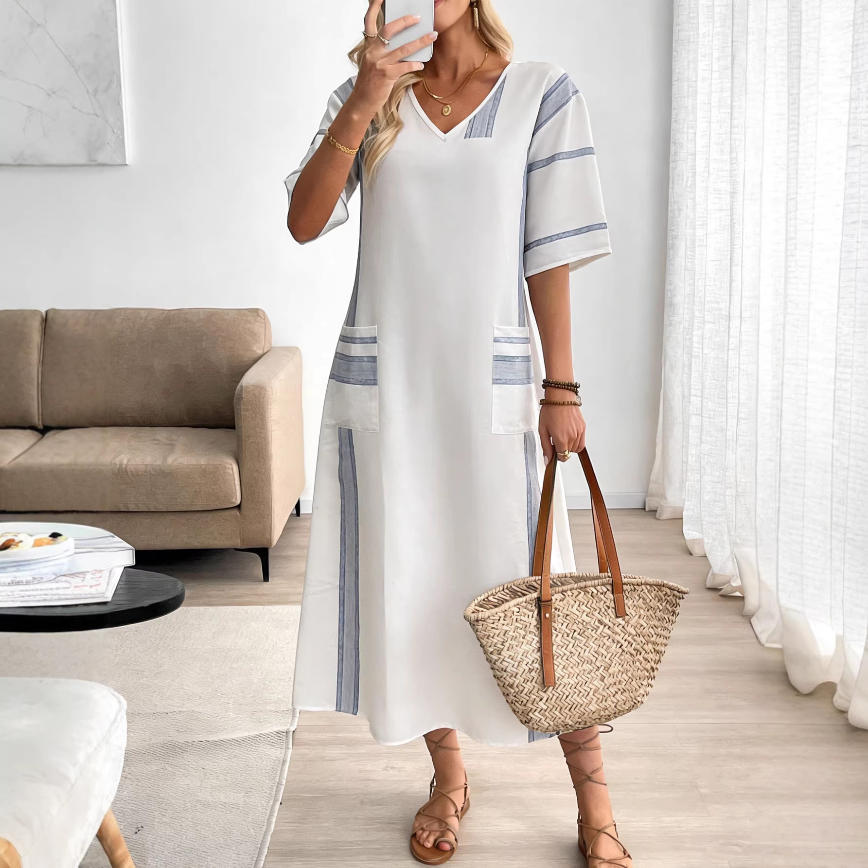 Boho A-Line Striped Midi Shirt Dress V-Neck 3/4 Sleeve Loose Fit
