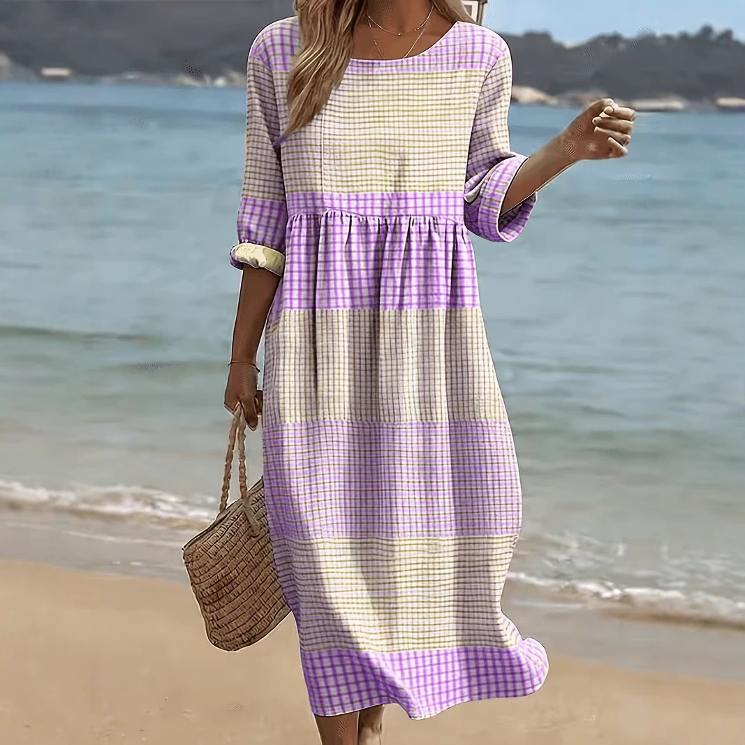 Women's Plaid Color-Block Floral Midi Dress with Pleated Details