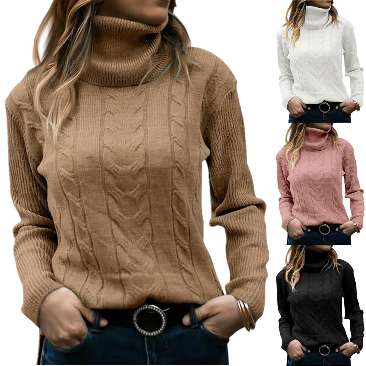 Women's Solid Turtleneck Knit Sweater Long Sleeve Pullover