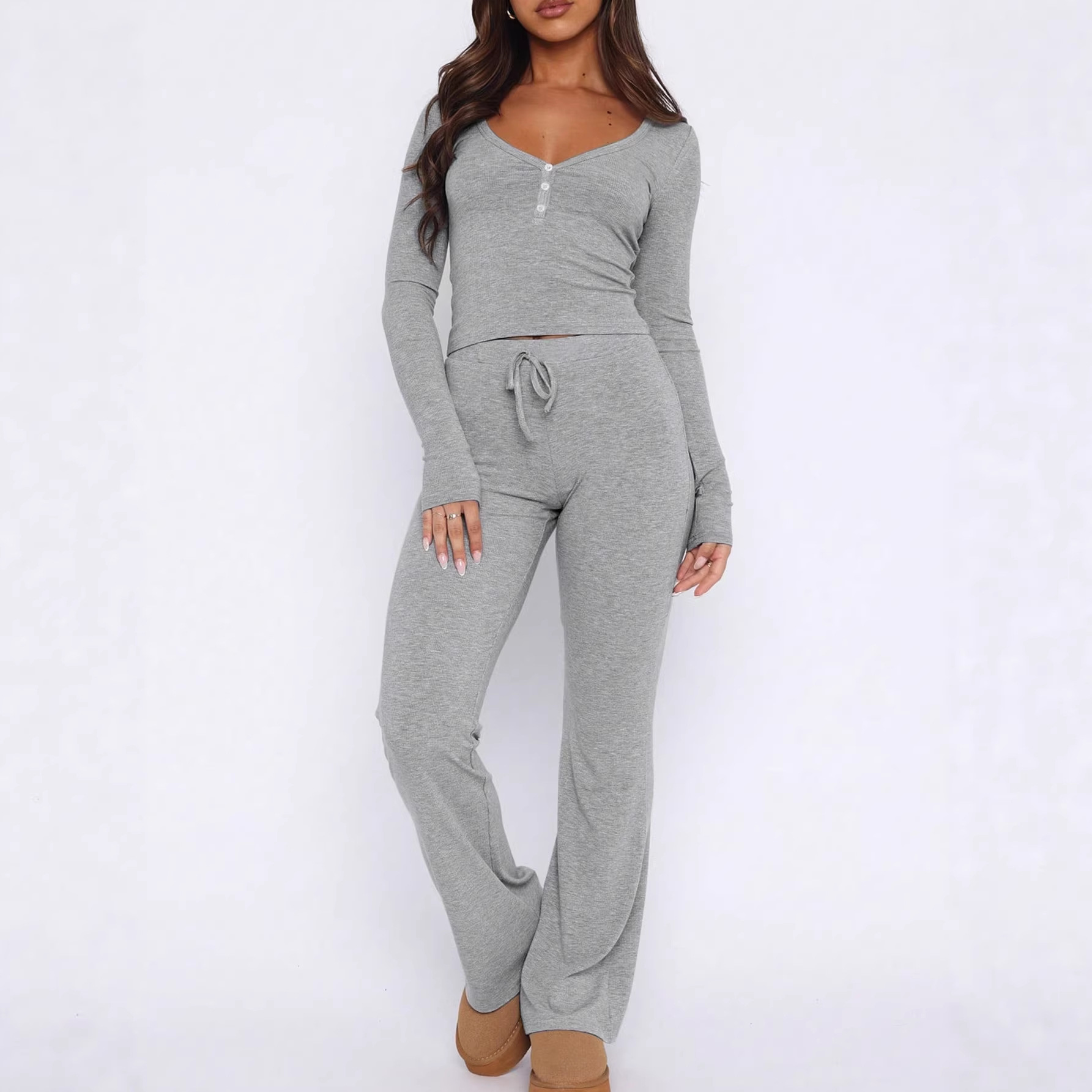 V-Neck Long-Sleeve Top and Pants Two-Piece Set Casual Slim Loungewear