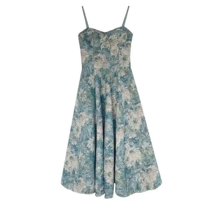 French Vintage Oil Painting Floral Cami Dress Two-Piece Set