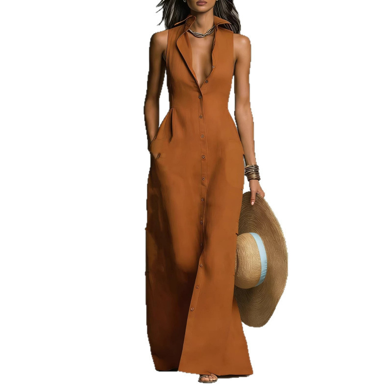 Sleeveless Button-Front Shirt Dress with Collar