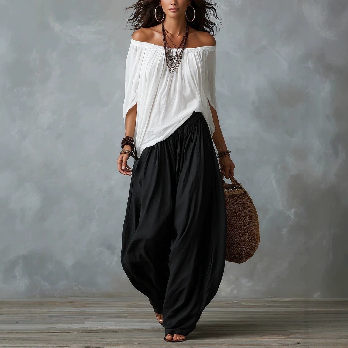 Women's Long Loose Off-Shoulder Top and Lantern Pants Set