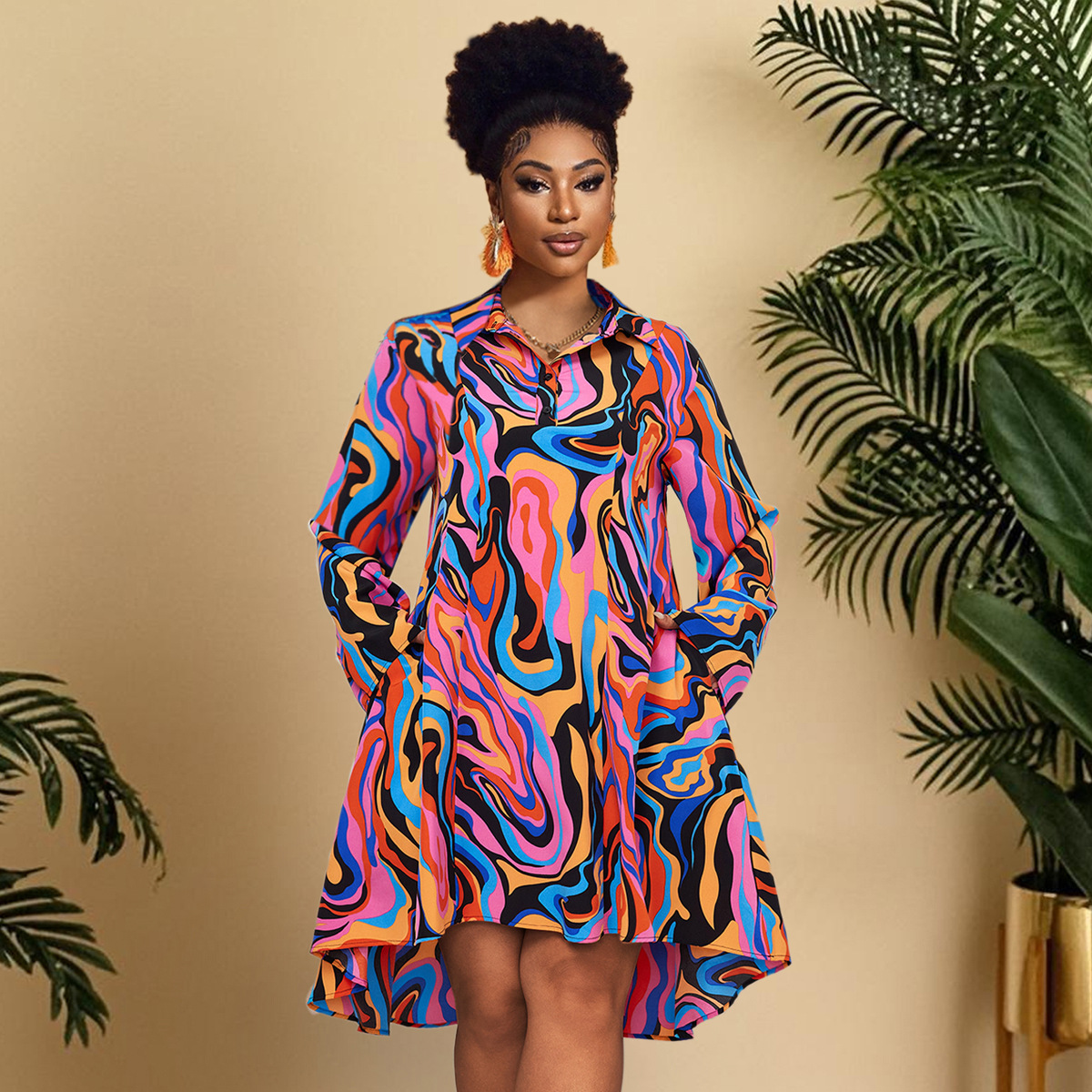 Polo Collar Floral Print Loose Midi Dress