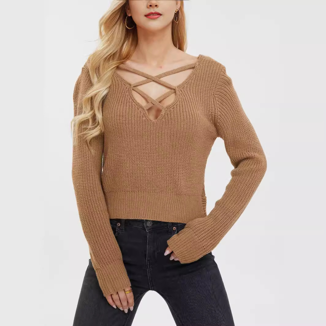 V-Neck Twist-Front Cropped Cable-Knit Sweater