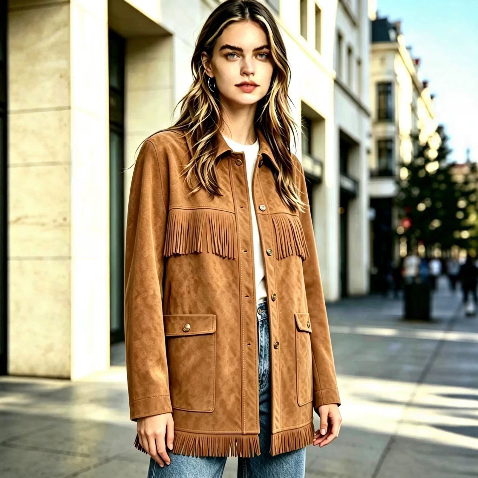 Fringe Faux Suede Jacket Women's Western-Style Collared Snap-Front Mid-Length Casual Coat