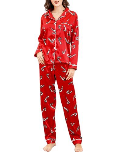 Women's Cuban Collar Christmas Print Long Sleeve Shirt Set