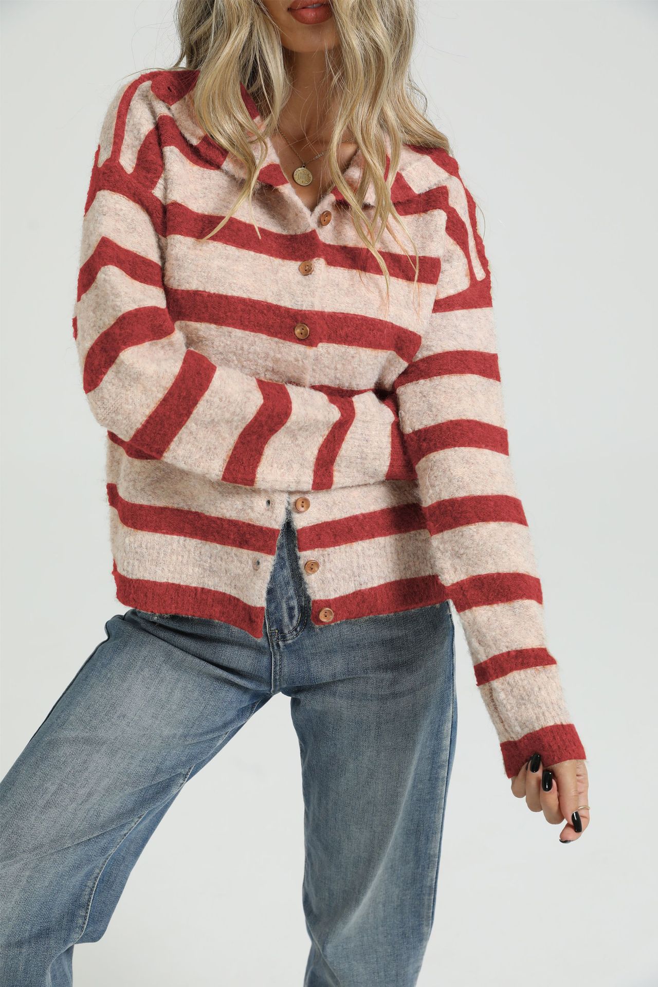 Women's Button-Up Stand Collar Striped Colorblock Knit Cardigan