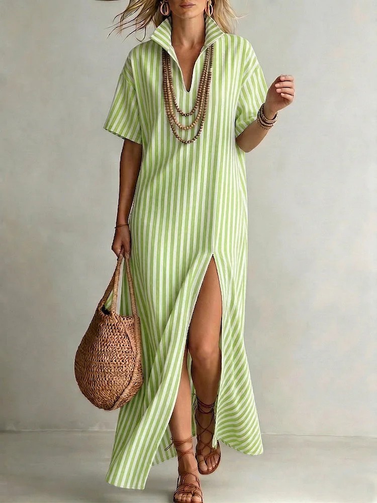 Women's Summer V-Neck Short Sleeve Striped Slit Cotton-Linen Dress