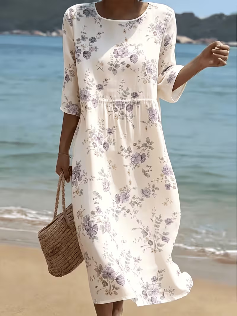 Women's Floral Print Ruched Midi Dress Crew Neck Half Sleeve