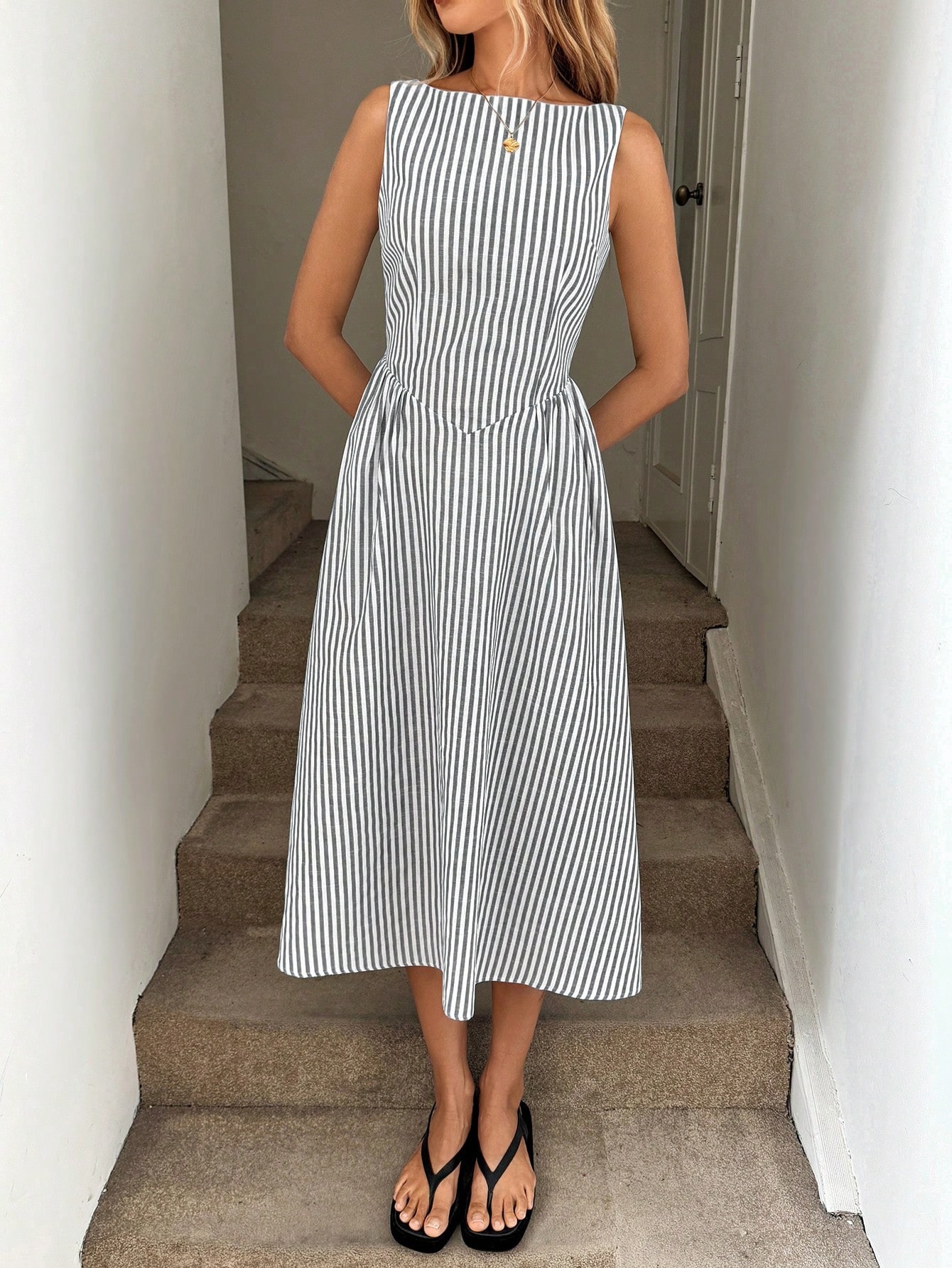 Striped Round Neck Cinched Waist Slimming Long Dress