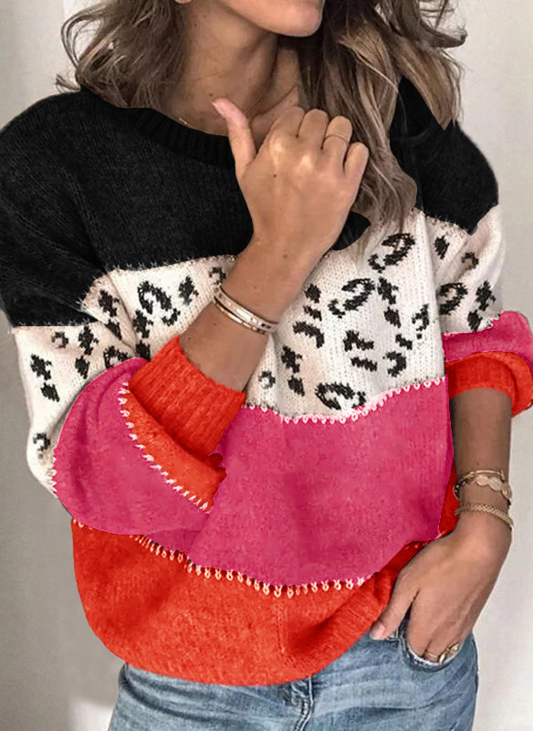 Leopard Print Patchwork Knit Pullover Sweater