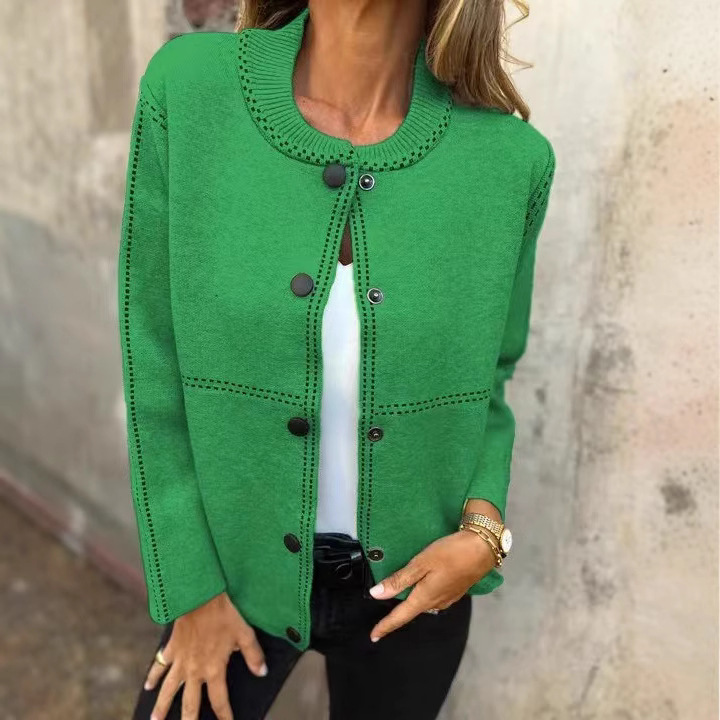 Striped Loose Crewneck Button-Front Long-Sleeve Cardigan Sweater