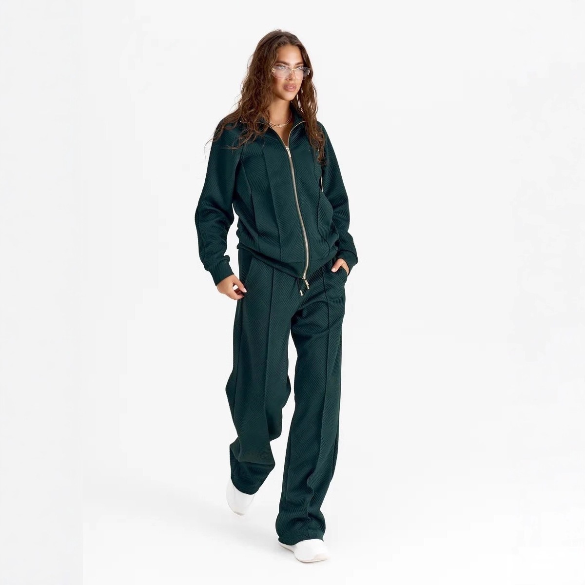 Women's Solid Color Long Sleeve Zip Loose Top and Tie-Waist Pants Two-Piece Set