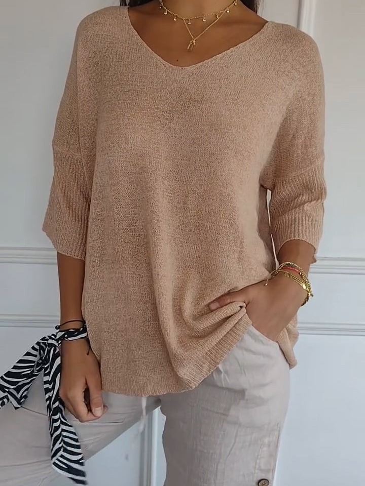 Women's V-Neck Solid Knit Top Slimming Casual Pullover