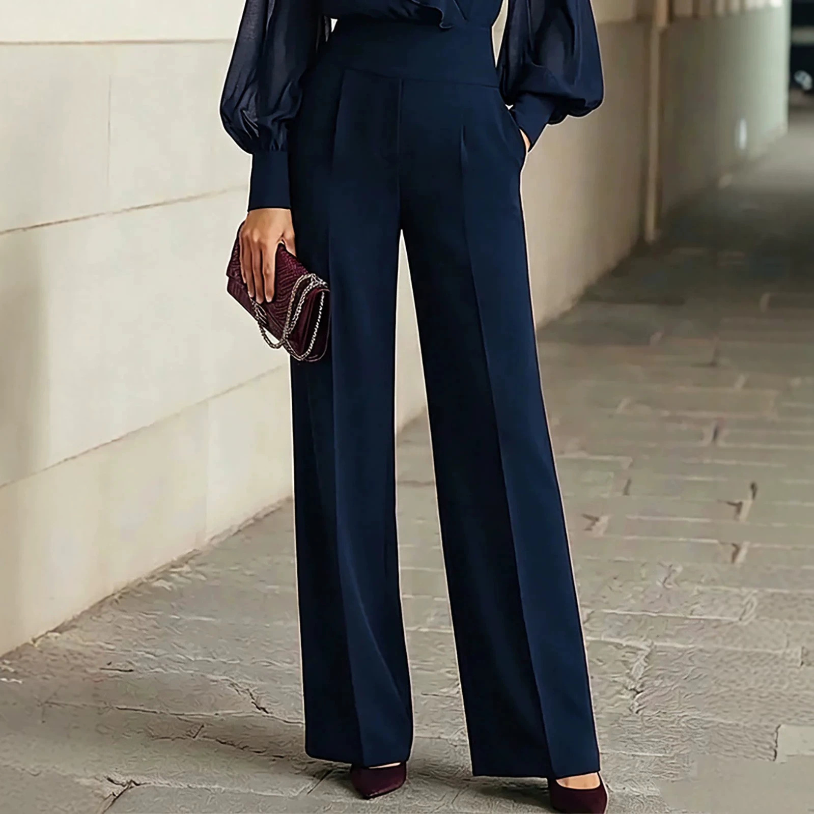 Navy Ruffled V-Neck Bubble-Sleeve Chiffon Top & High-Waist Wide-Leg Pants Set