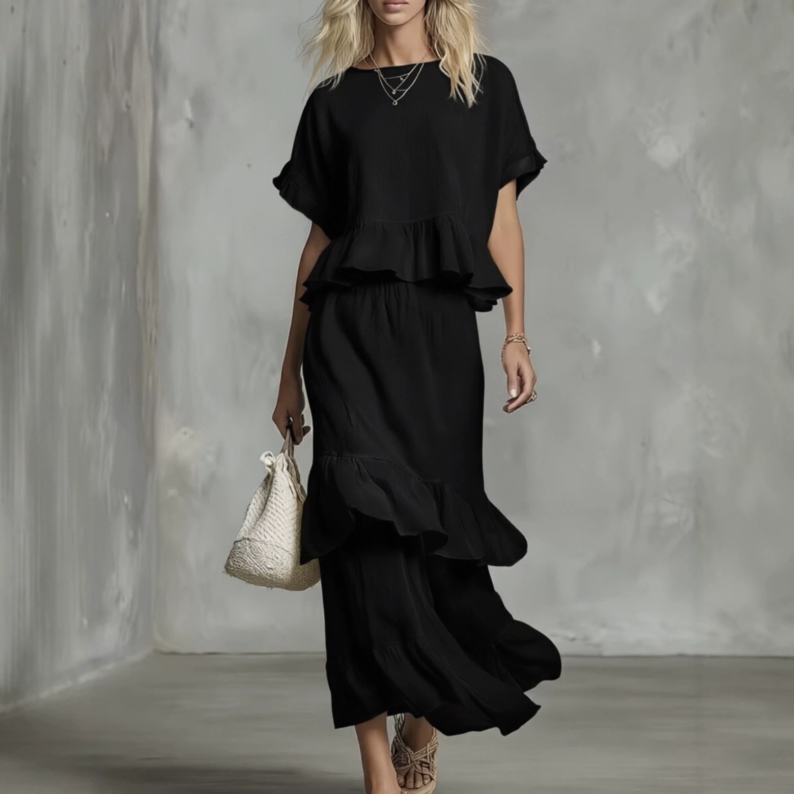 2026 Summer Cross-Border European & American Women's Wear Hot-Selling Ruffle Two-Piece Set Independent Site High-Waist Ruffle Long Skirt