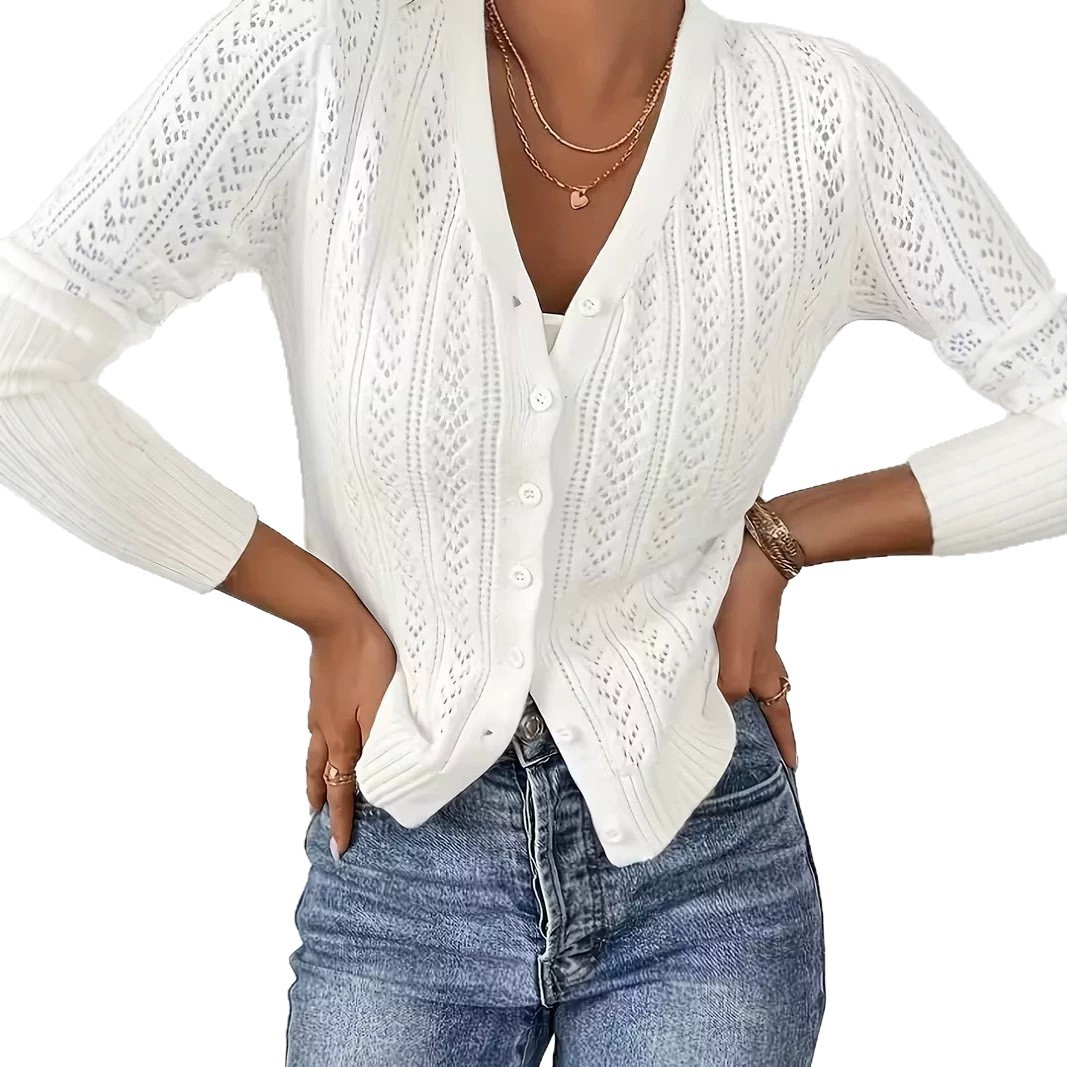 Women's White Open-Knit Cardigan Sweater Long Sleeve