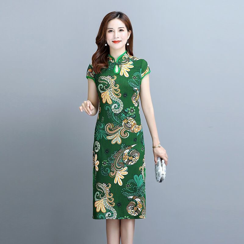 Women's Summer Cheongsam Dress Short Sleeve Slimming Floral Midi
