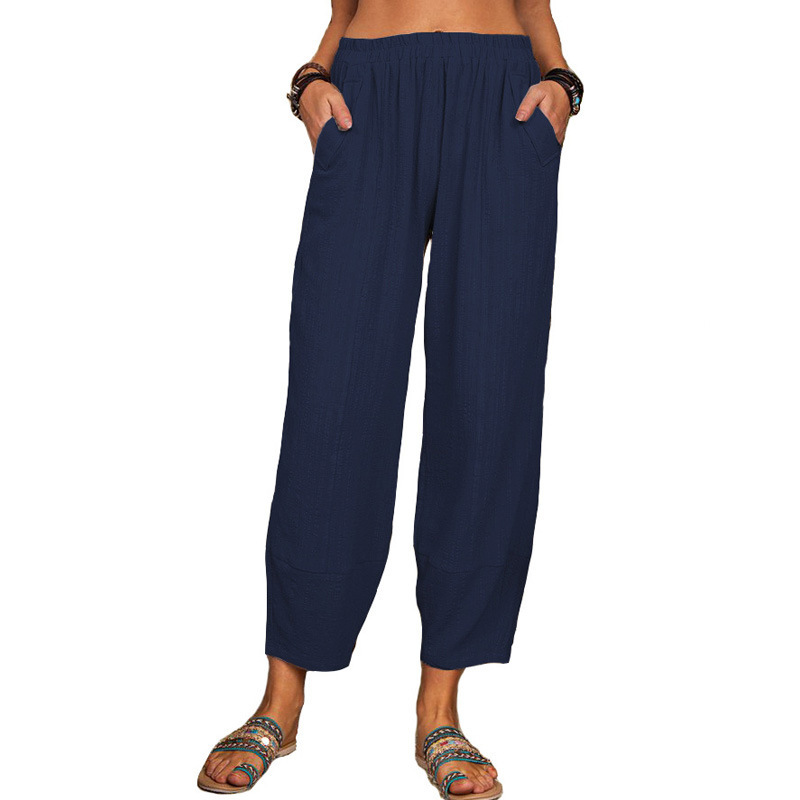 Women's Solid Cotton-Linen Wide-Leg Harem Pants Casual Loose Fit