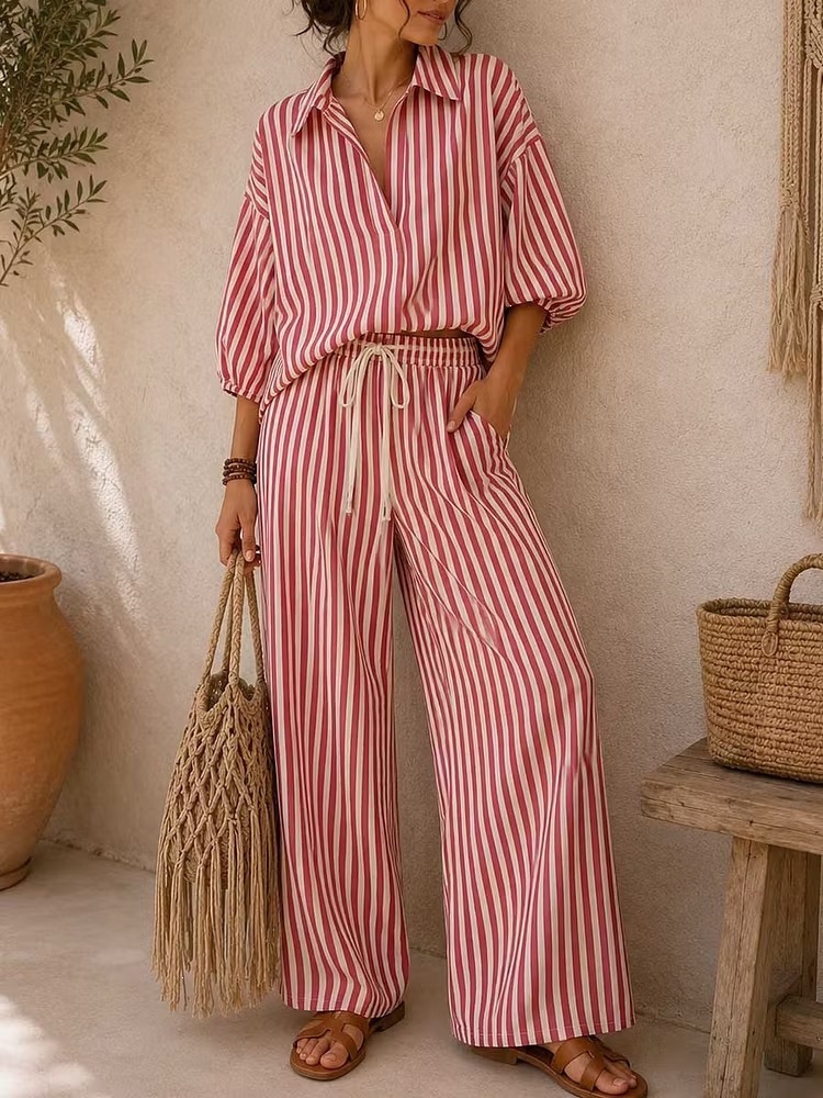 Striped Long Sleeve Shirt and Loose Pants Two-Piece Set