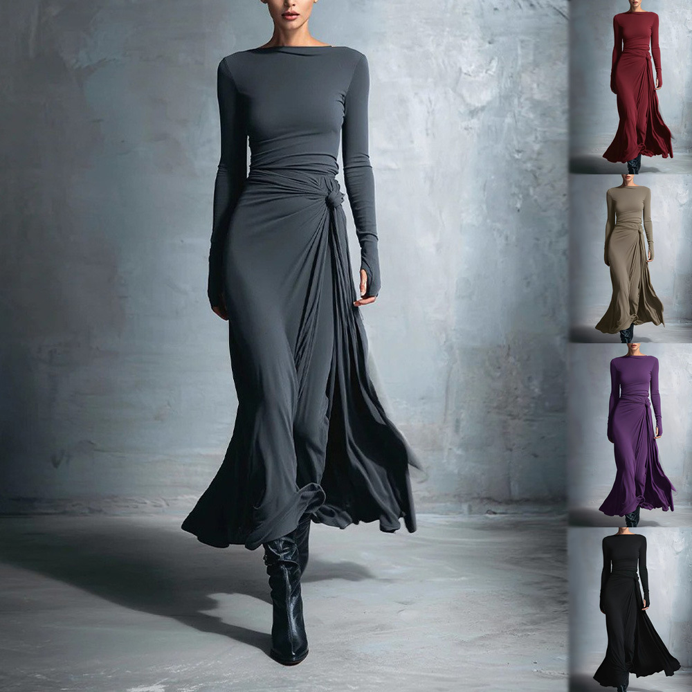 Women's Solid Wrap Long Dress with Knot Detail Long Sleeve