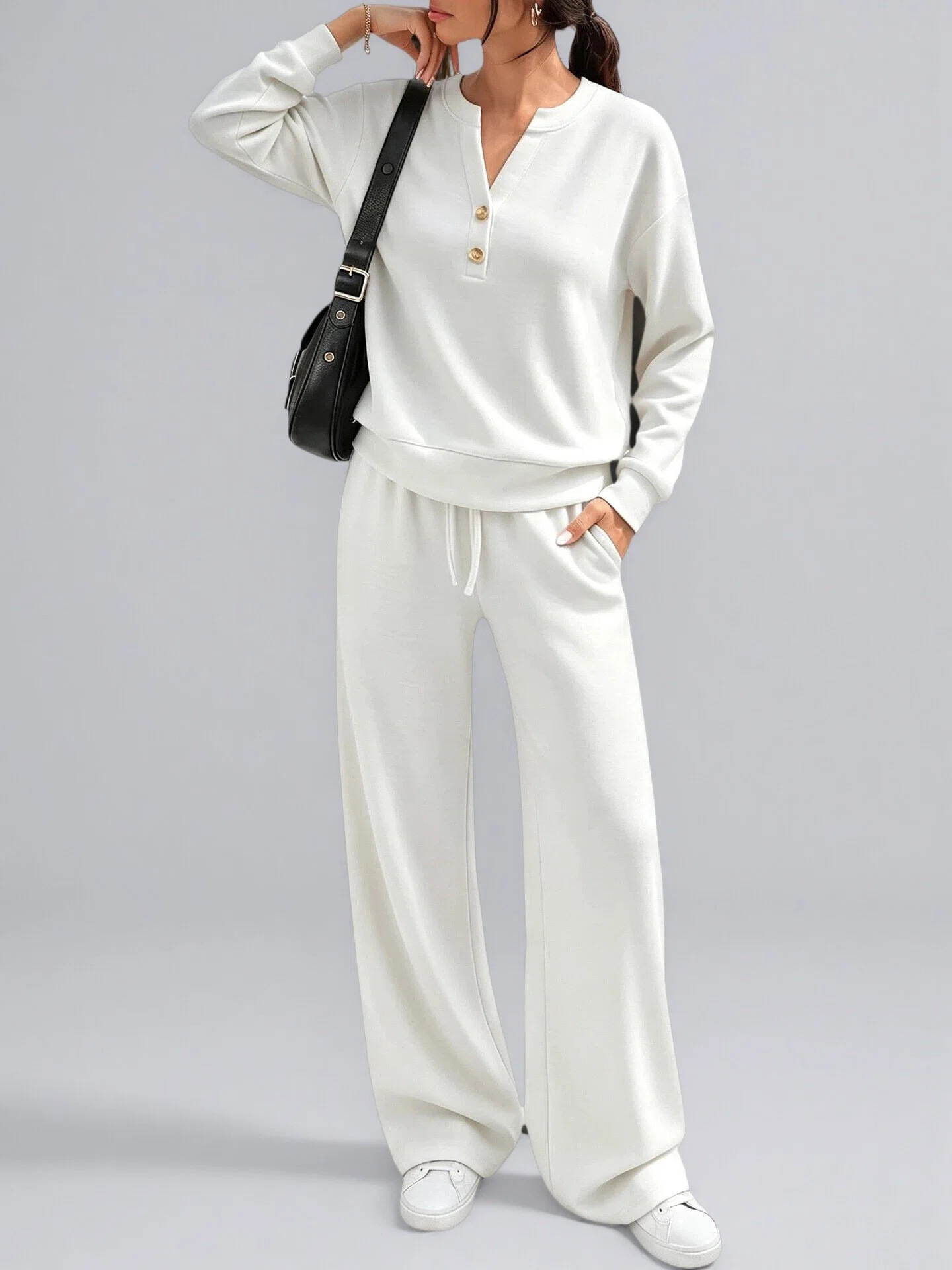 Women's Casual Two-Piece Set Long Sleeve Top & Wide-Leg Pants