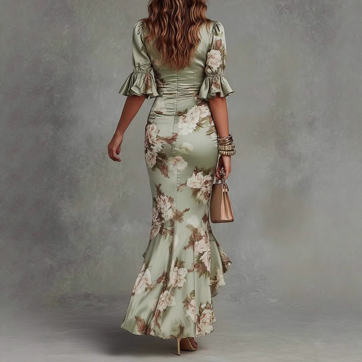 V-Neck Floral Ruffle Hem Midi Dress