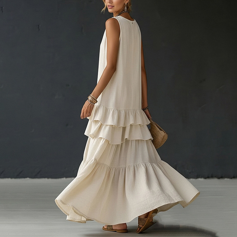 Women's Casual Loose Solid Sleeveless V-Neck A-Line Midi Dress