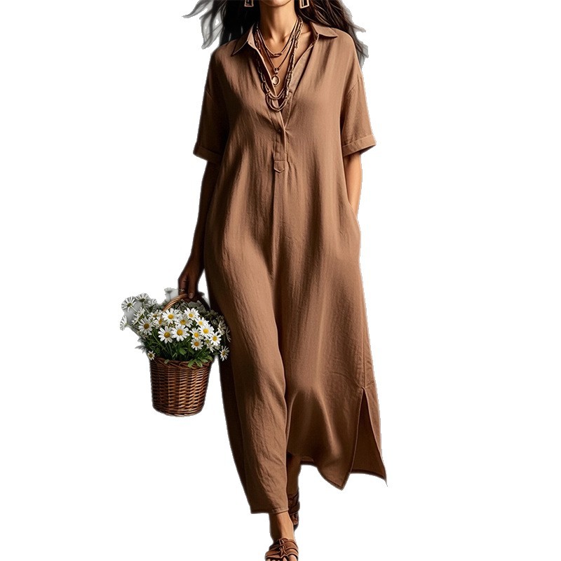 Women's Summer Collared Solid Color A-Line Midi Dress