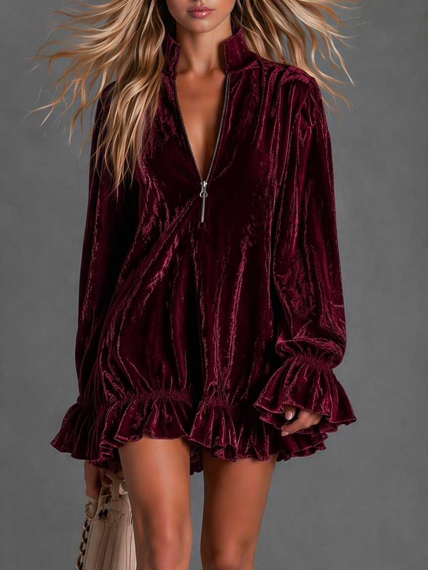 Retro Shiny Crystal Velvet Dress Half-Zip Stand Collar Flared Ruffle Long Sleeve Loose Babydoll Mini Dress
