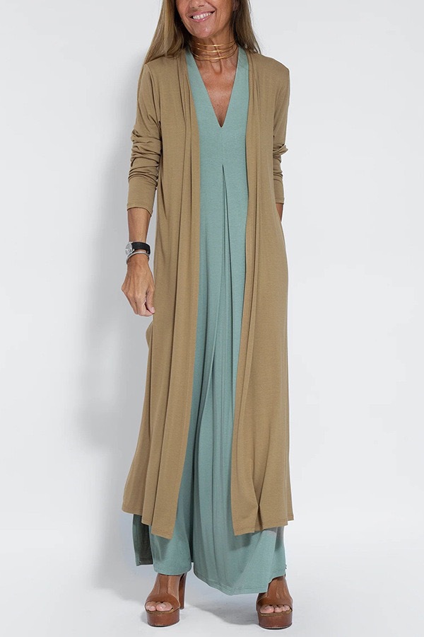 Solid V-Neck Sleeveless Dress and Cardigan Set