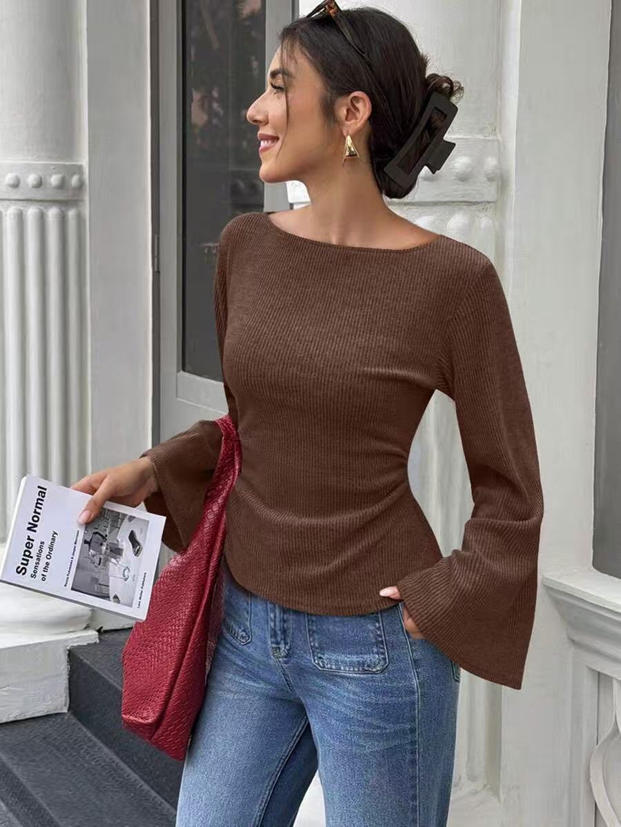 Slim Fit Knit Top with Round Neck and Flared Sleeves