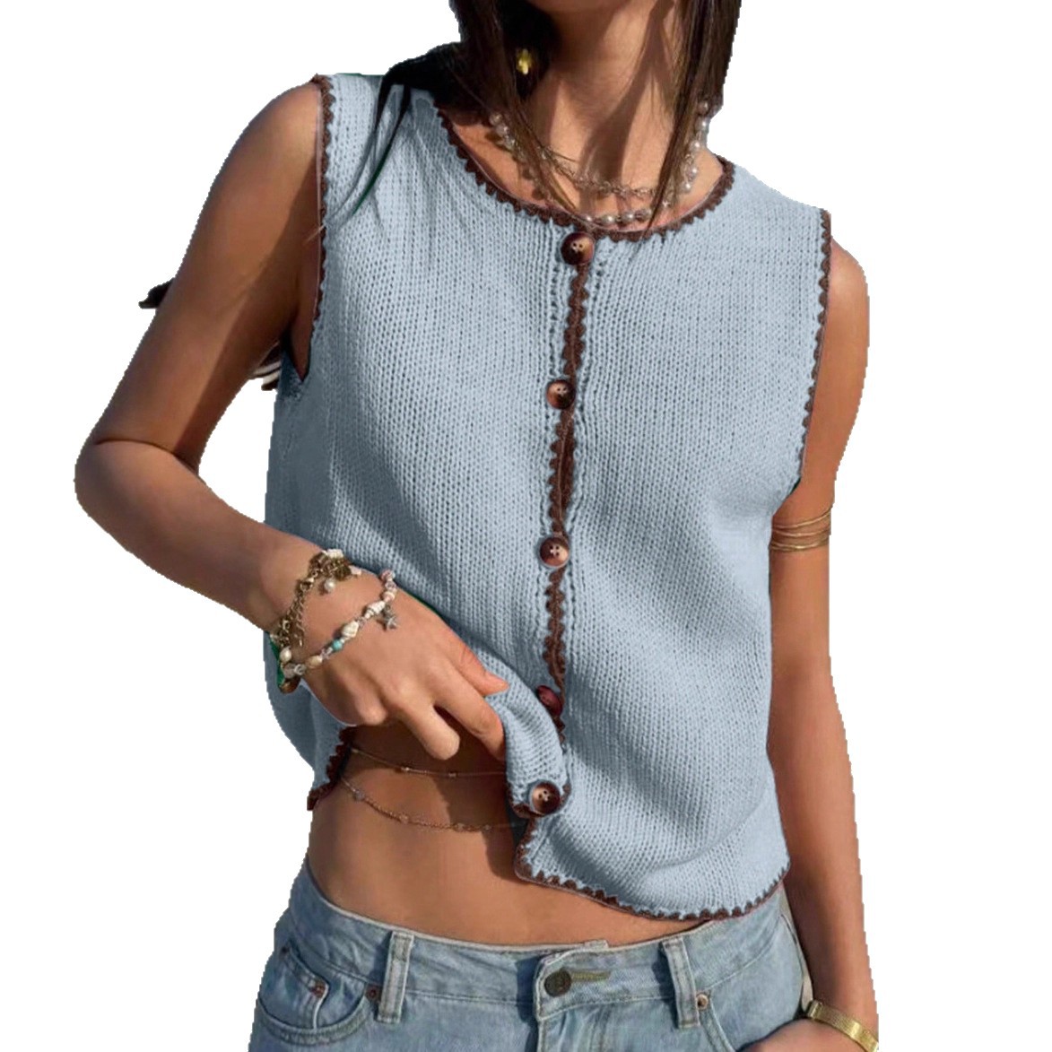 Women's Colorblock Trim Button-Front Sleeveless Sweater Vest