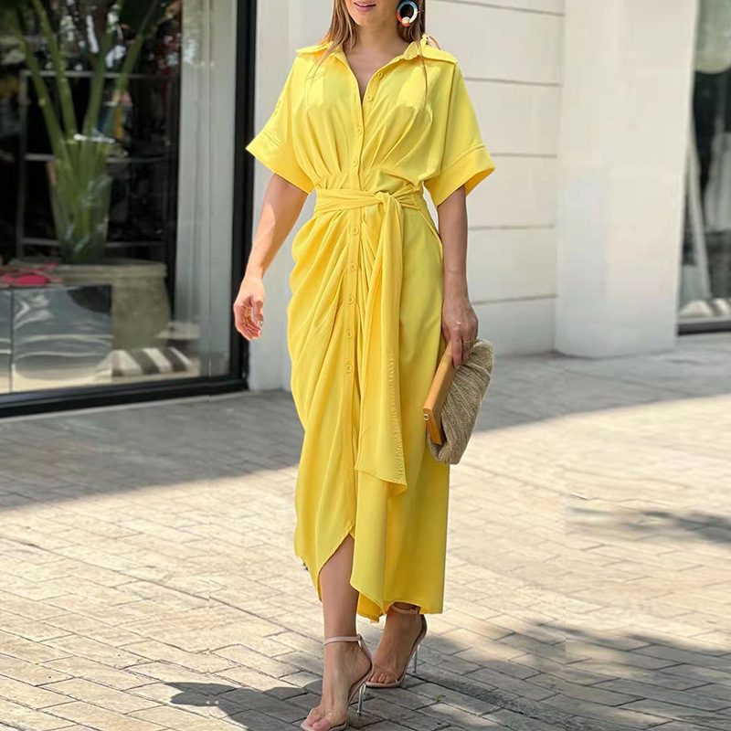 Elegant Solid Color Tie-Waist Single-Breasted Dress