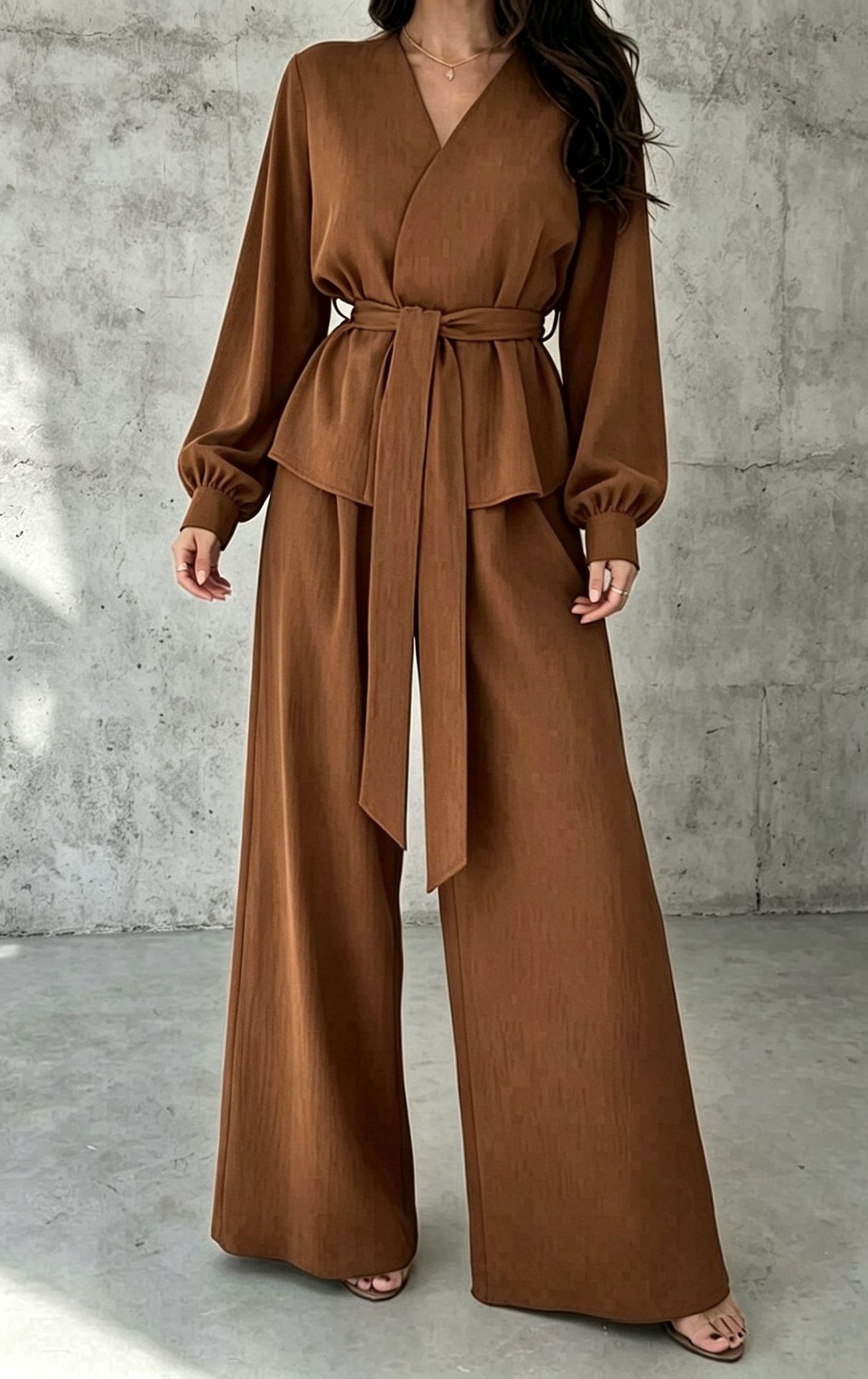 V-Neck Tie-Front Long-Sleeve Wide-Leg Two-Piece Set